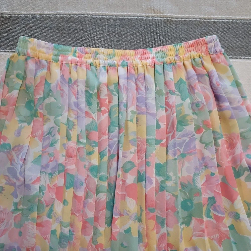 Vintage Floral Pleated Midi Skirt Women's Pastel Summer Flowy Casual Cottagecore - Picture 2 of 6